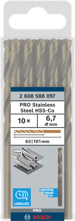 Conjunto de brocas Bosch PRO em aço inoxidável HSS-Co de 6,7 mm.